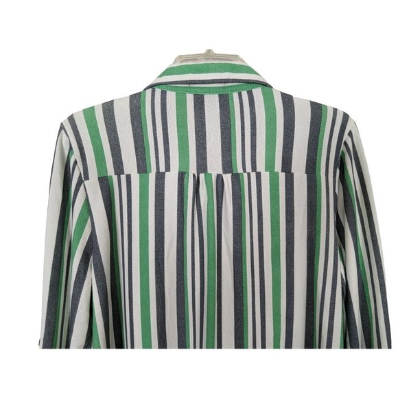 Robert Louis tab sleeve button‎ up green gray white stripe blouse size M - Picture 5 of 9